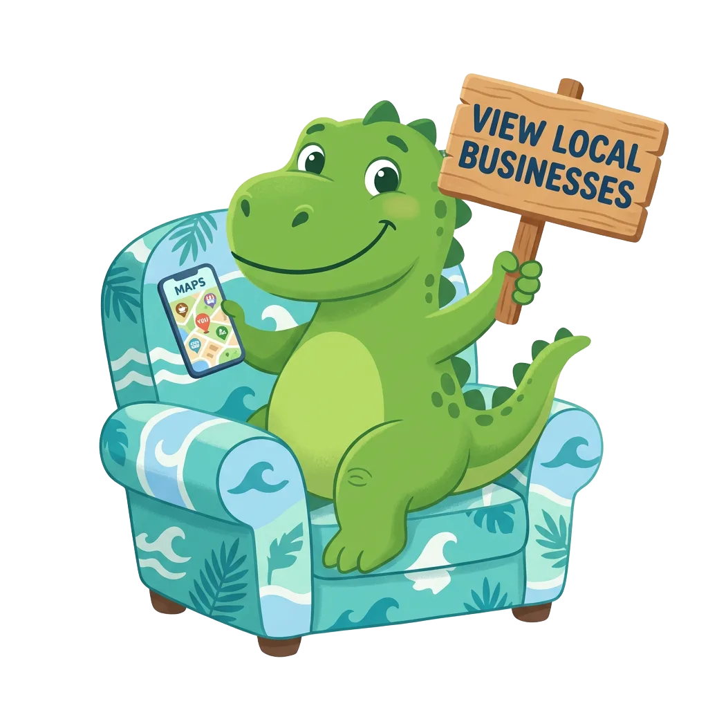 Dinosaur sitting in a chair holding a smartphone with a sign reading View Local Businesses