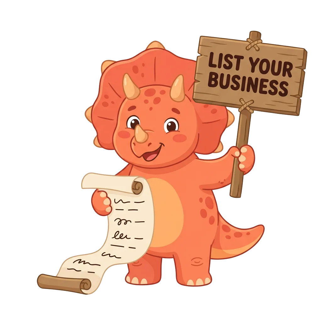 Dinosaur standing with a long scroll list and a sign reading List Your Business